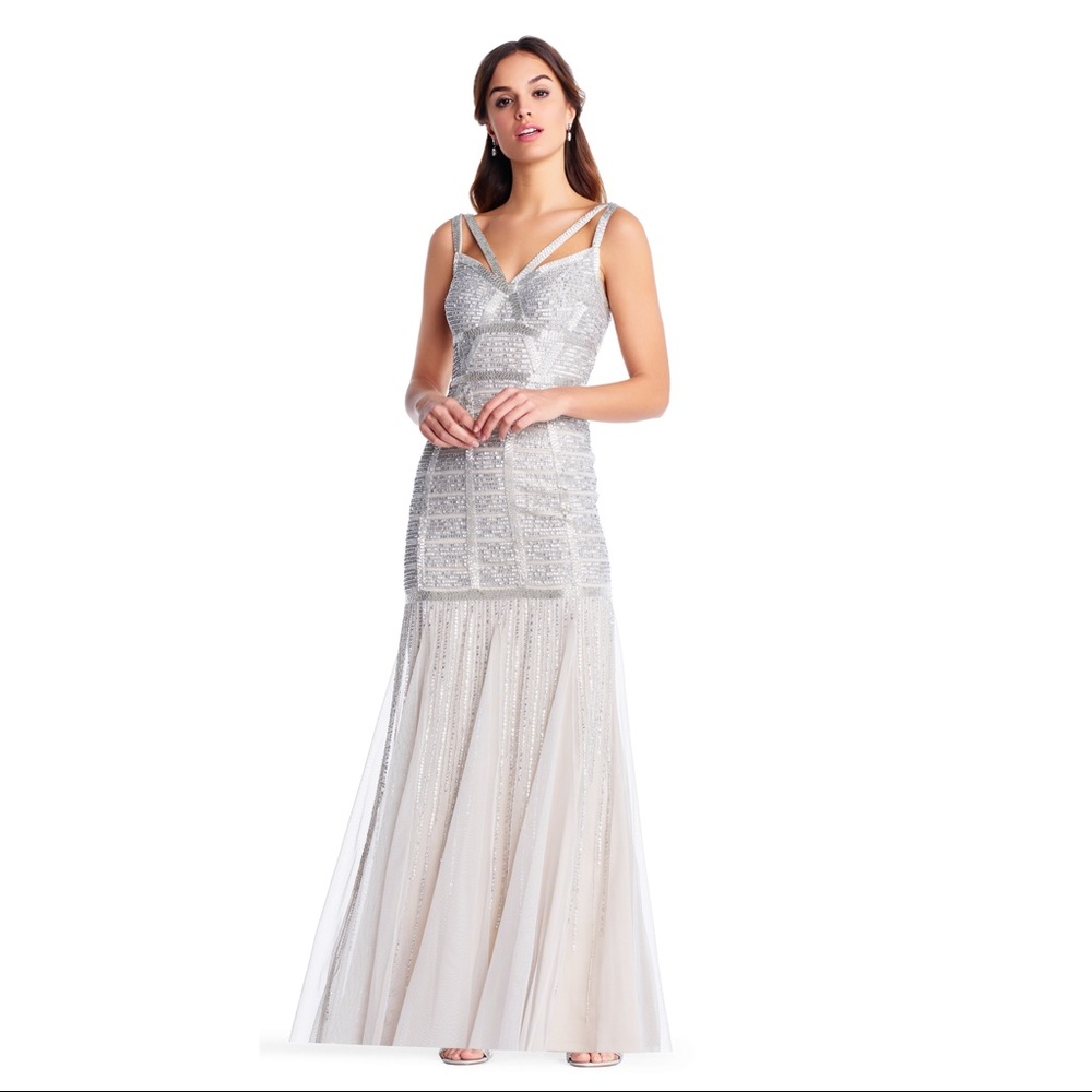 Adrianna Papell Strappy Sequin Beaded Godet Gown with Cut Out Neckline